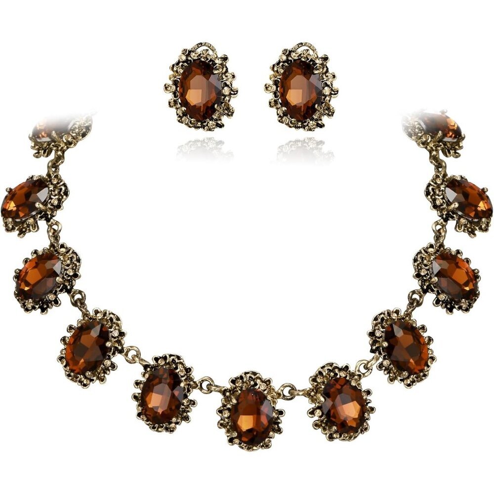 Victorian Style Statement Necklace Pierced Earrings Jewelry Set for Women Crysta